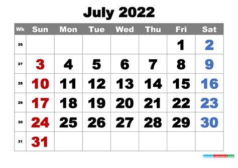 2022 July Calendar Printable